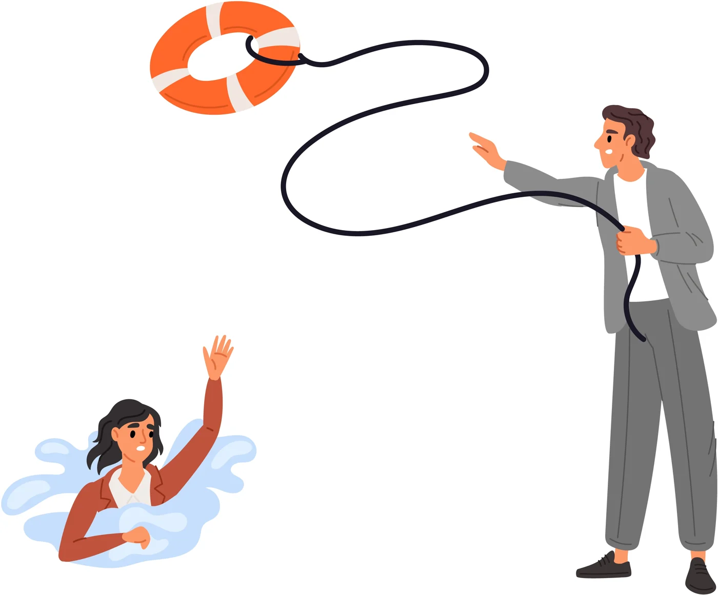 An employer throws a life ring on a rope to an employee struggling in the water.